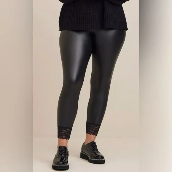 Torrid Size 4X Faux Leather Full Length Black Leggings with Lace Ankle Detail - Picture 2 of 12